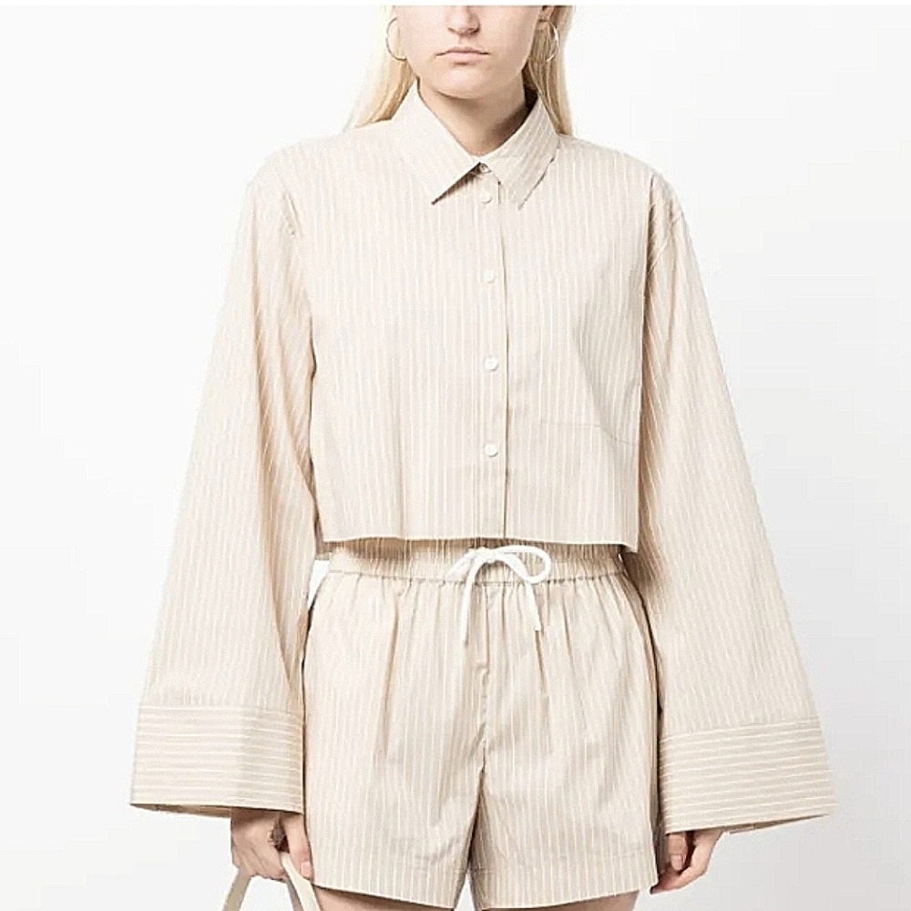 FRAME-Striped Cropped Wide Sleeve Button-Up Shirt-Size Small